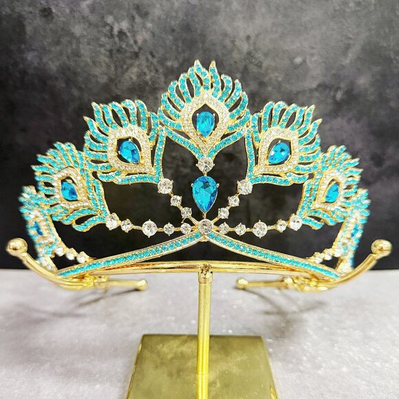Gold Crystal Crown, Peacock Crown, Blue Crystal Tiara, Homecoming Prom Headpiece - Picture 1 of 8